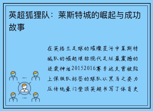 英超狐狸队：莱斯特城的崛起与成功故事