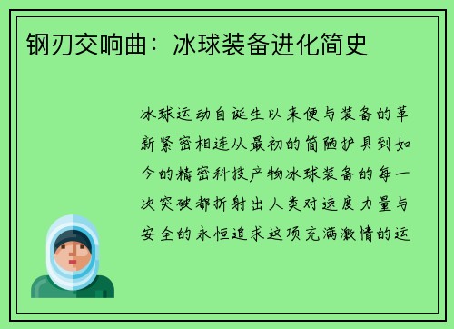 钢刃交响曲：冰球装备进化简史