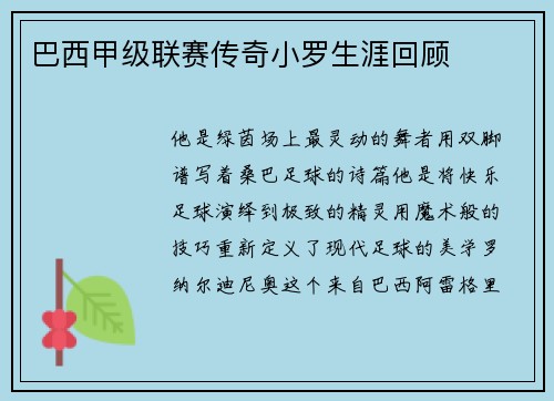巴西甲级联赛传奇小罗生涯回顾