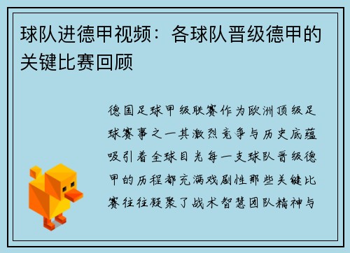 球队进德甲视频：各球队晋级德甲的关键比赛回顾
